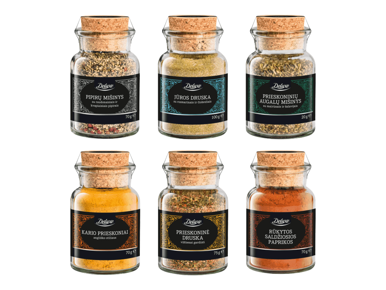 Kuus purki Deluxe vürtse: piprasegu, meresool, ürdisegu, karri, maitsestatud sool, suitsupaprika.