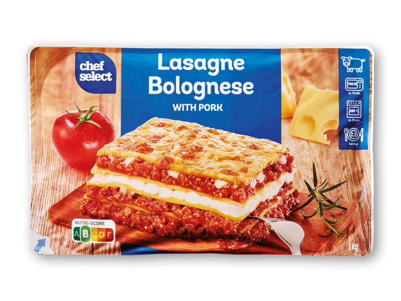 Chef Select Lasagne Bolognese med svinekød, klar til at spise, med Nutri-Score A.