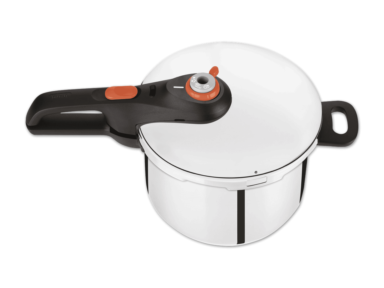Eine weiße Tefal Schnellkochtopf mit schwarzem Griff und orangefarbenen Knöpfen.