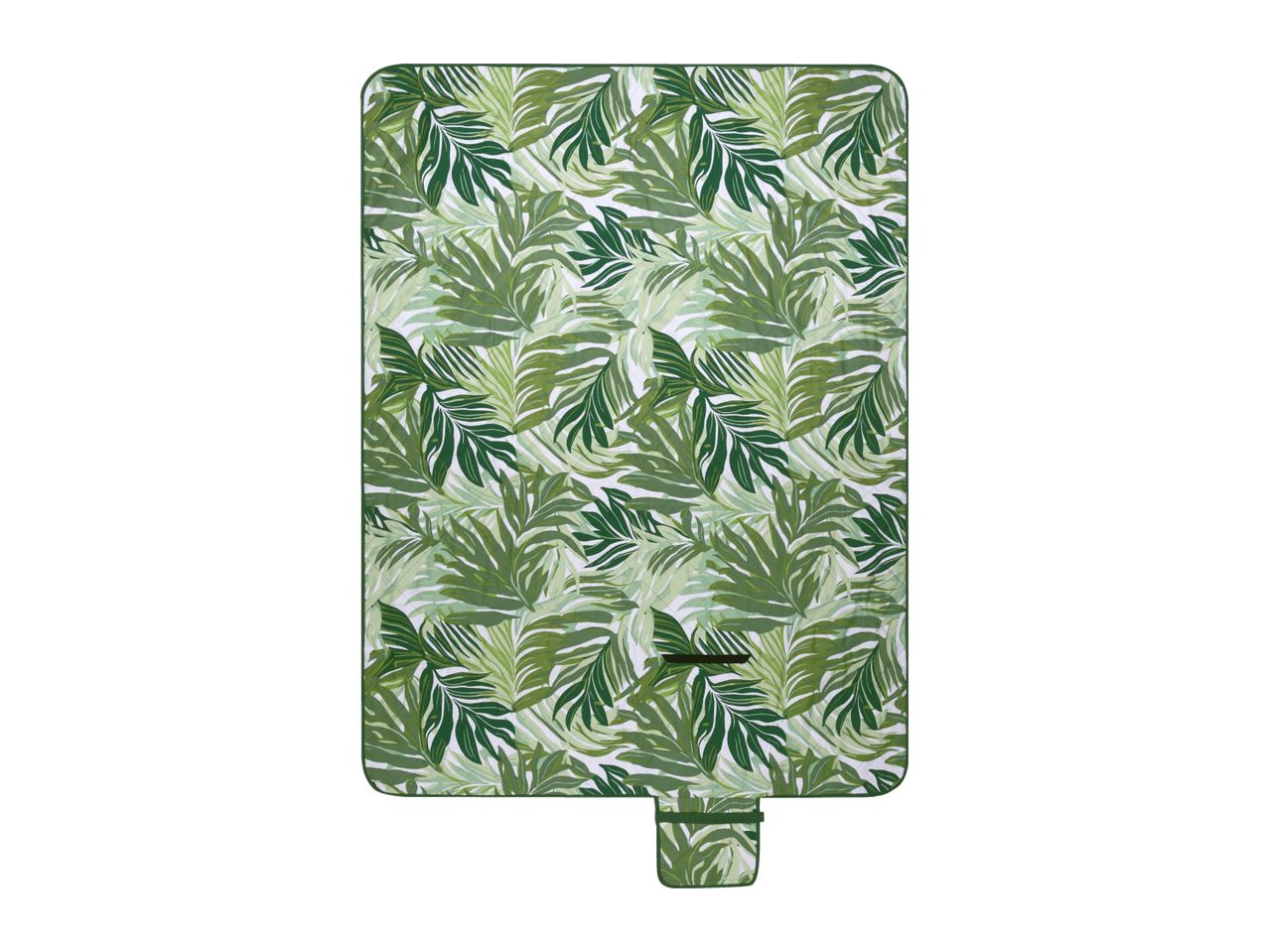 Green and white tropical leaf pattern picnic blanket with a small attached pouch.