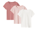 Set od tri dječje majice kratkih rukava: ružičasta, ružičasta s točkicama i bijela.