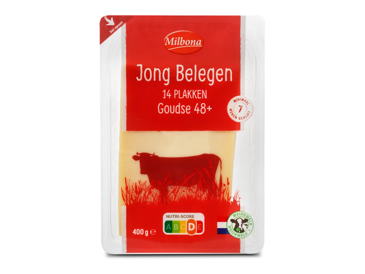 Milbona Jong Belegen Gouda kaas plakken: 400g verpakking.