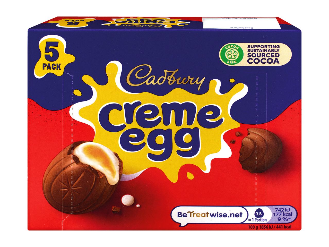 A 5-pack of chocolate creme eggs with a cocoa sustainability logo.