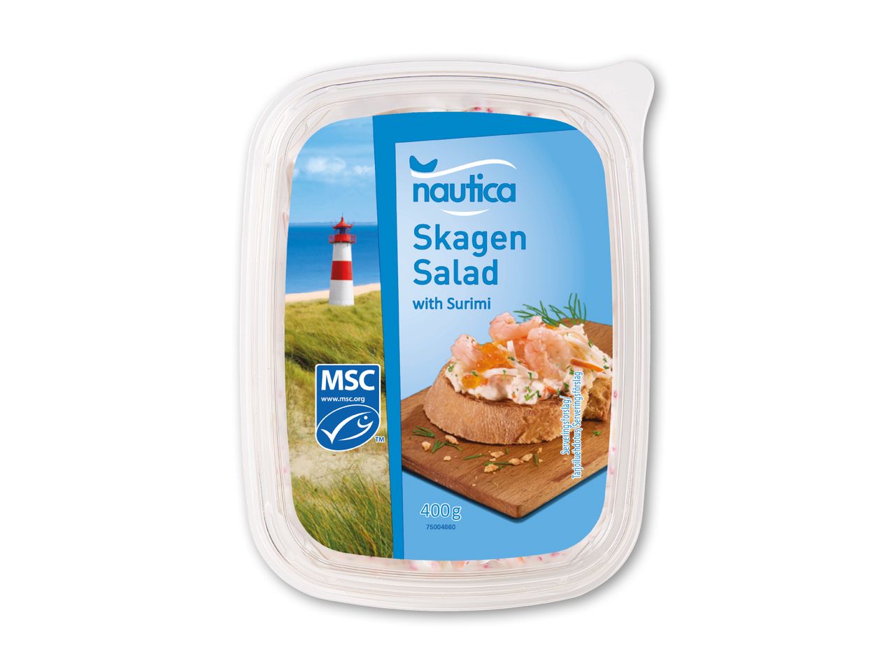 Nautica Skagen Salat med Surimi i en klar plastbeholder, med et billede af et fyrtårn og en serveringsforslag.