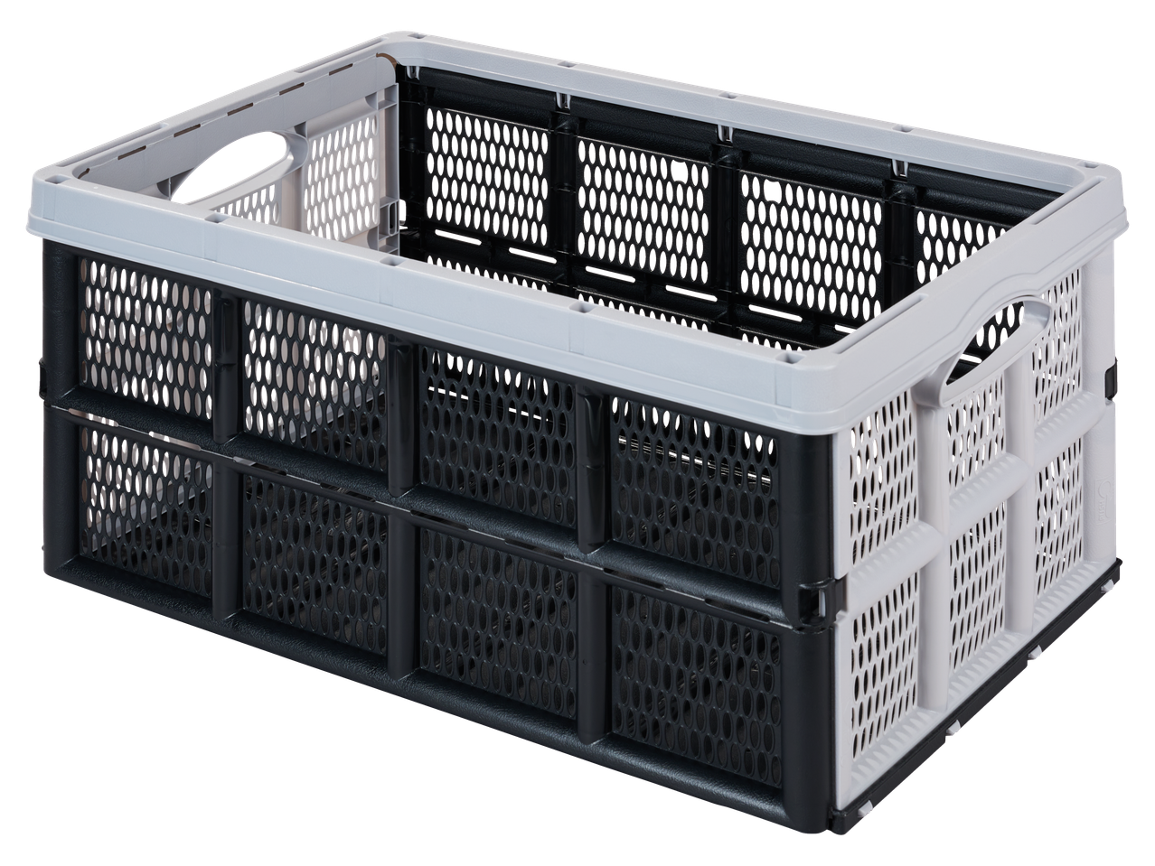 Caixa dobrável de plástico em preto e branco com alças, ideal para armazenamento.