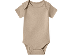 Plain beige short-sleeved baby bodysuit with snap closures at the bottom.