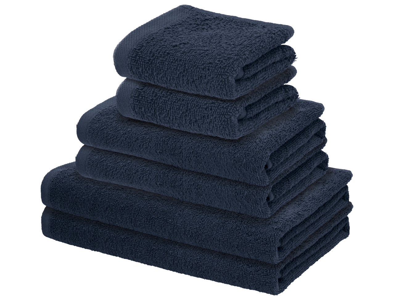 Tamsiai mėlynų Livarno Frottéset rankšluosčių krūva, demonstruojanti jų minkštą tekstūrą.