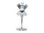 A chrome-plated cosmetic mirror with a round base and a rectangular, rotating mirror head.