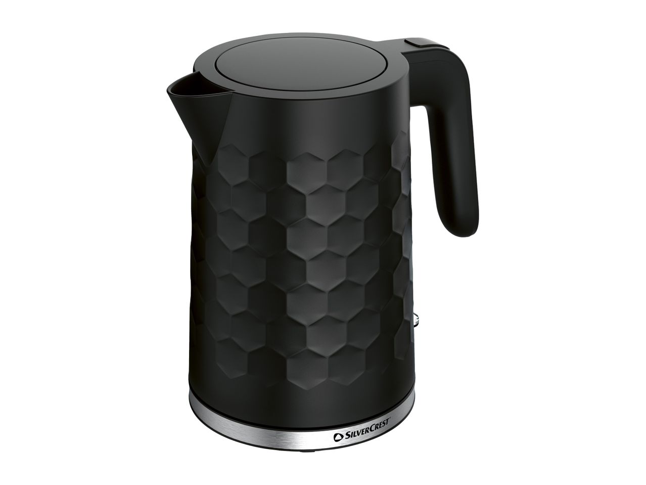 Black electric kettle with a textured honeycomb pattern and a silver base.