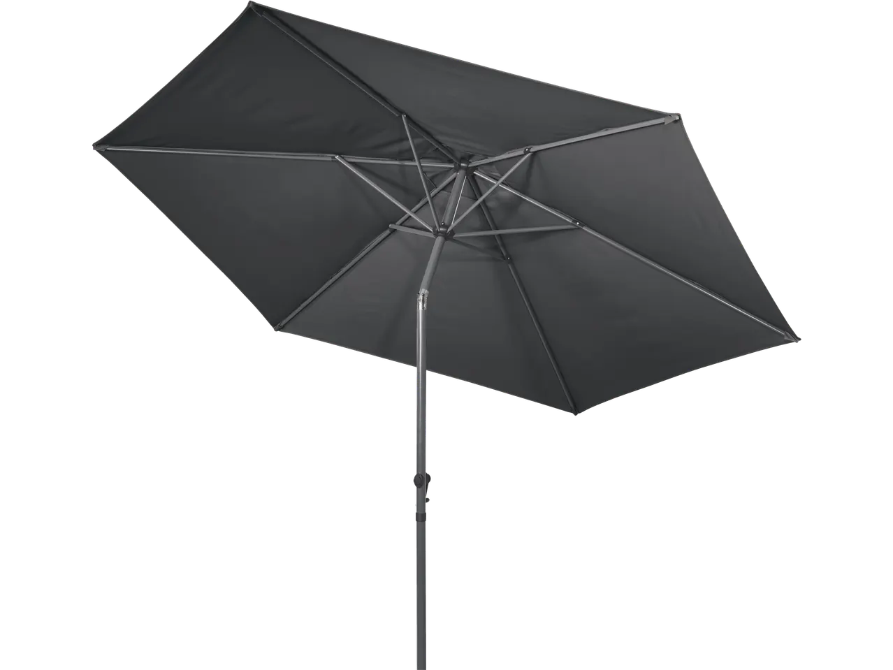 Dark grey rectangular patio umbrella with a metal frame, viewed from underneath.