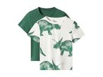 To T-shirts til børn, en grøn og en hvid med grønne dinosaurer.