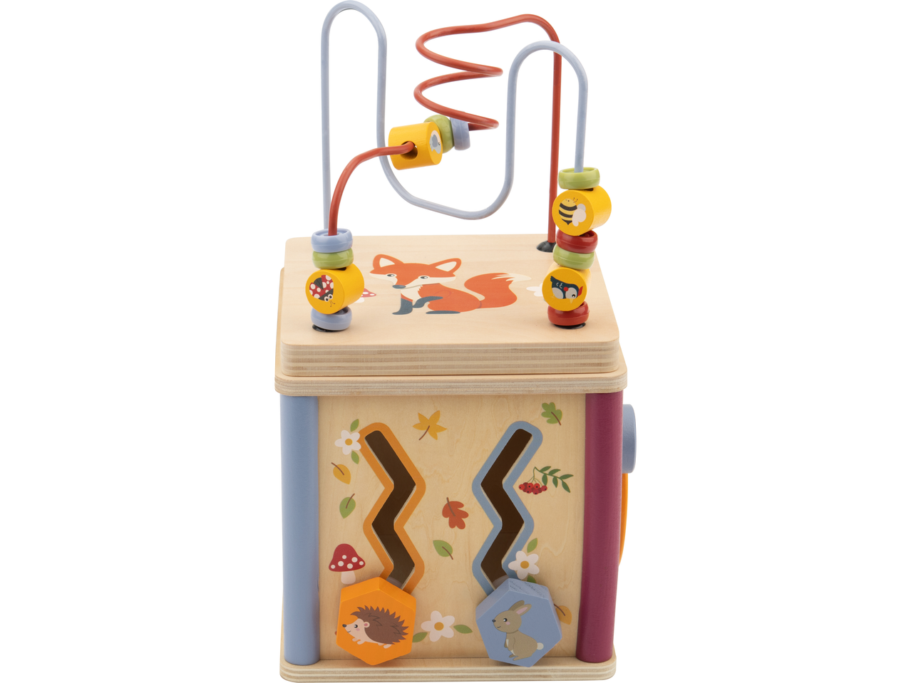 Medinis veiklos kubas su karoliukų labirintu, lapės iliustracija ir miško gyvūnų slankikliais