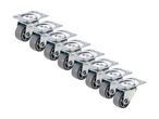 Six gray caster wheels with metal plates.