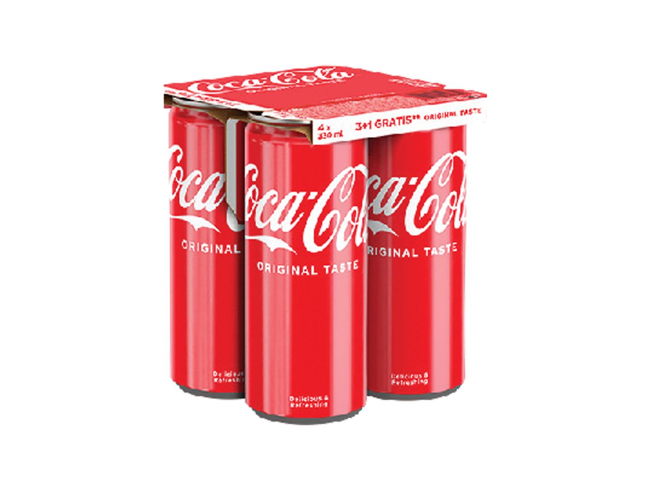 Pakovanje od četiri limenke Coca-Cole Original Taste, sa natpisom „3+1 GRATIS“.