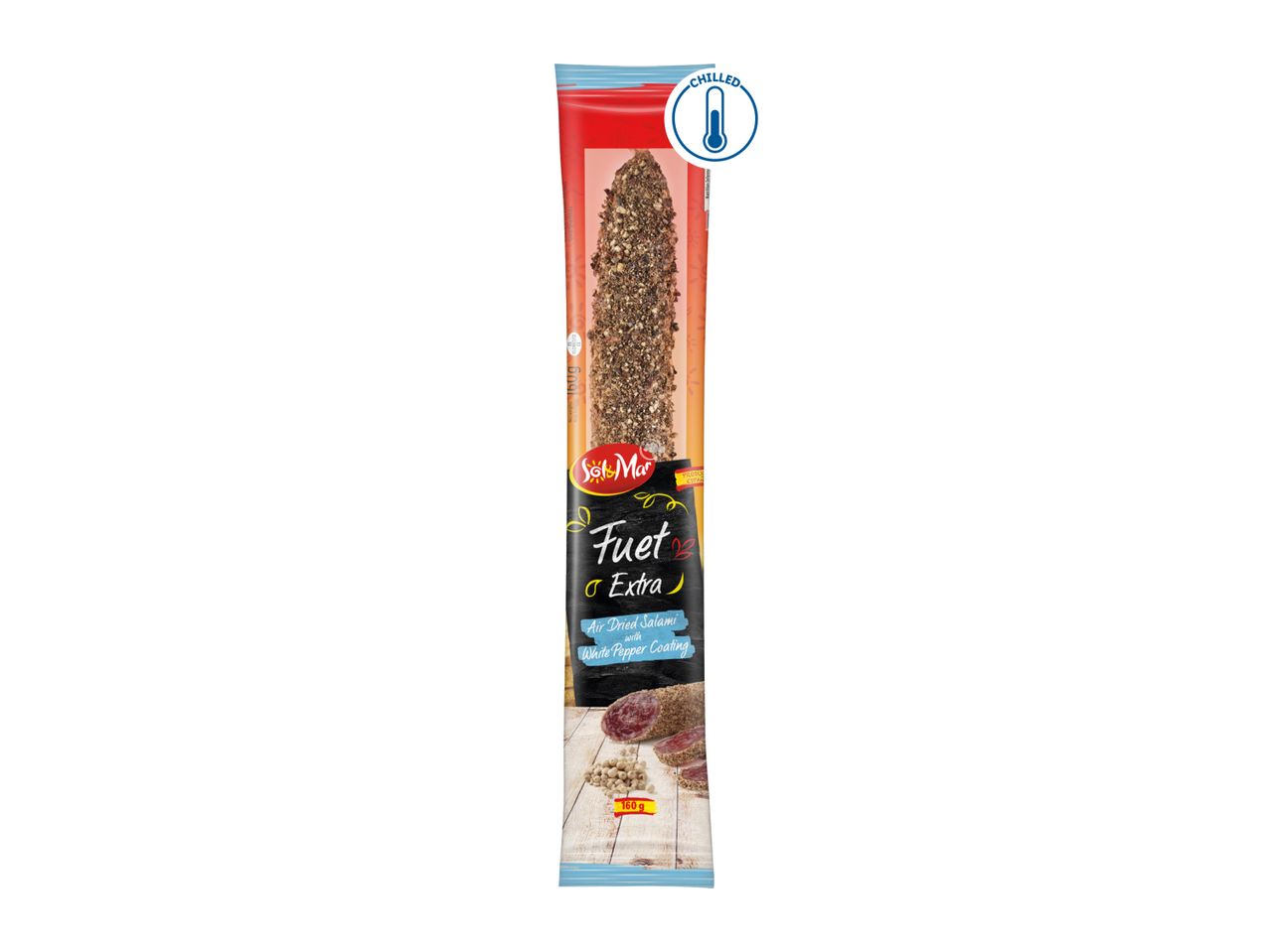 Chilled air-dried salami with white pepper coating, 160g.