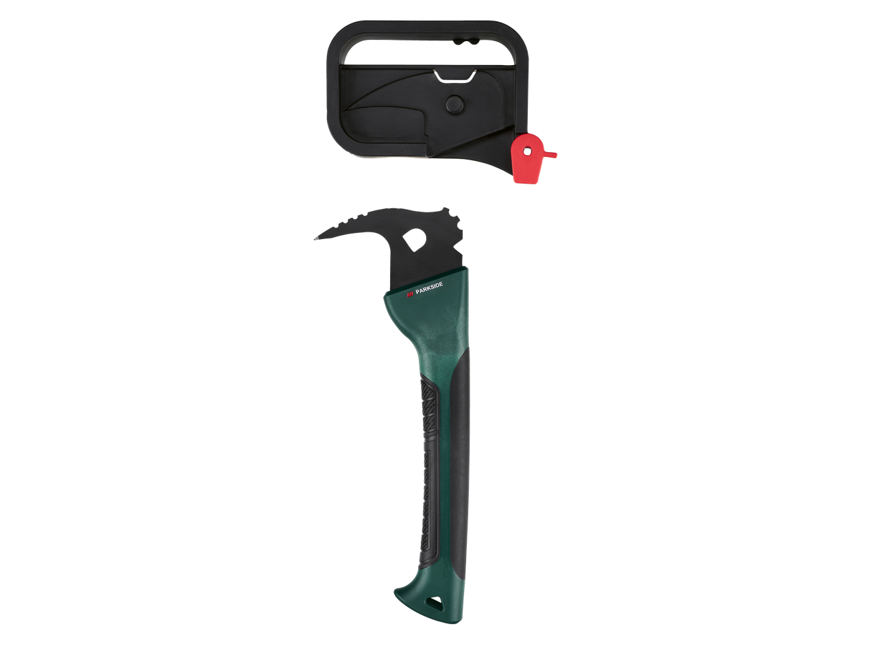 Daudzfunkcionāls griešanas rīks ar zaļu un melnu rokturi, ar aizsargapvalku