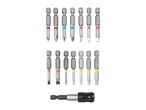 A set of various screwdriver bits with colored bands and a magnetic bit holder.