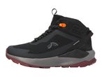 Black waterproof hiking boot with orange accents and a grey and red sole.