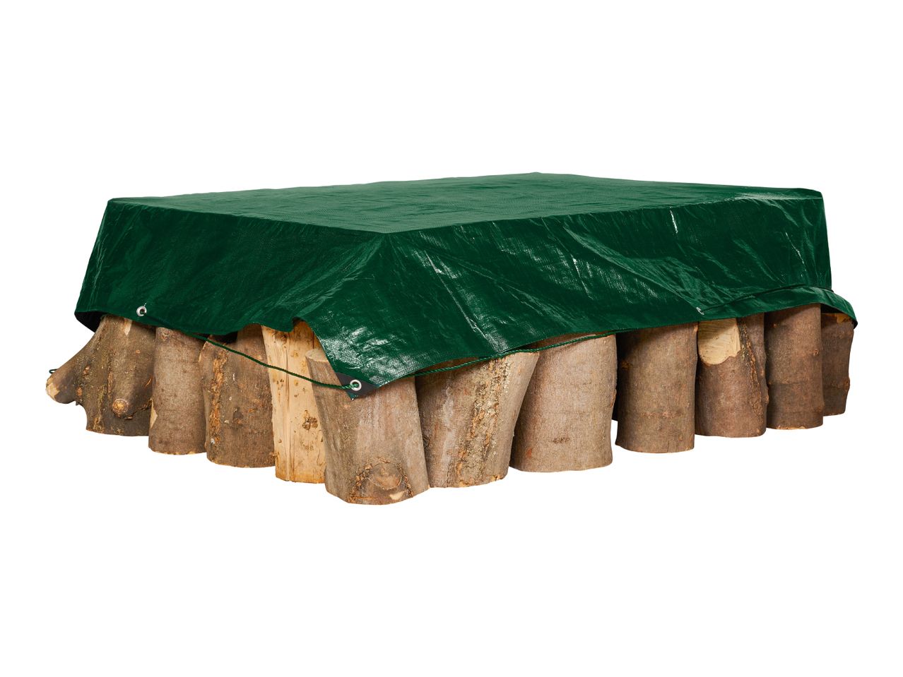 Green tarpaulin covering a stack of logs, isolated on a white background.