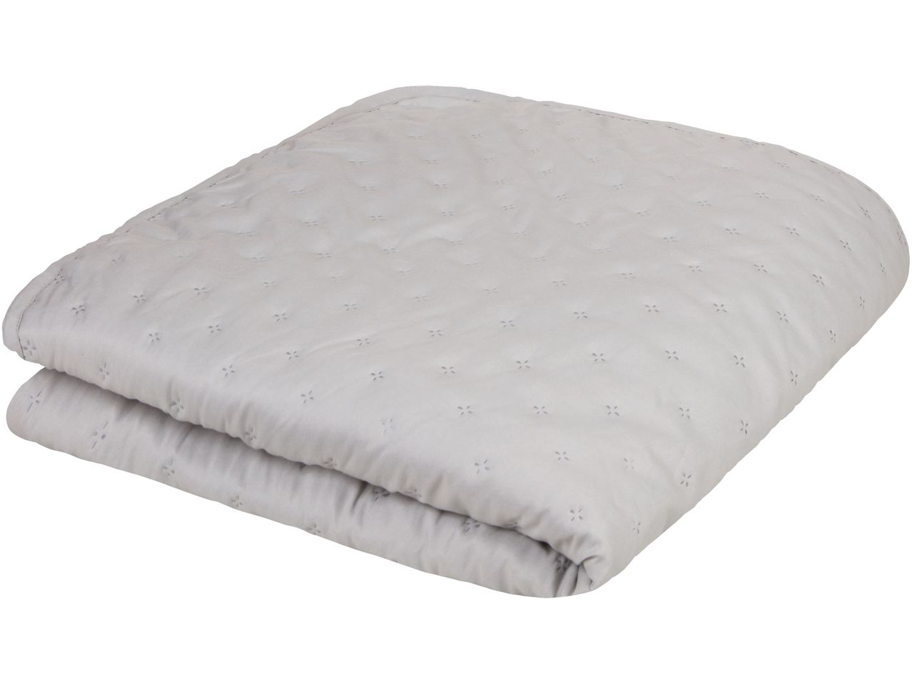 A Double folded light gray quilted blanket with a subtle pattern.