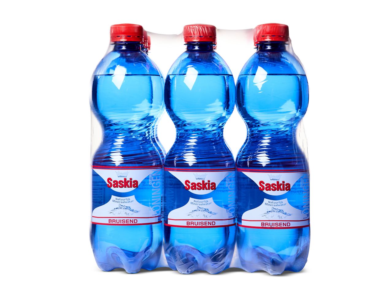 Pak met flessen Saskia bruisend mineraalwater.