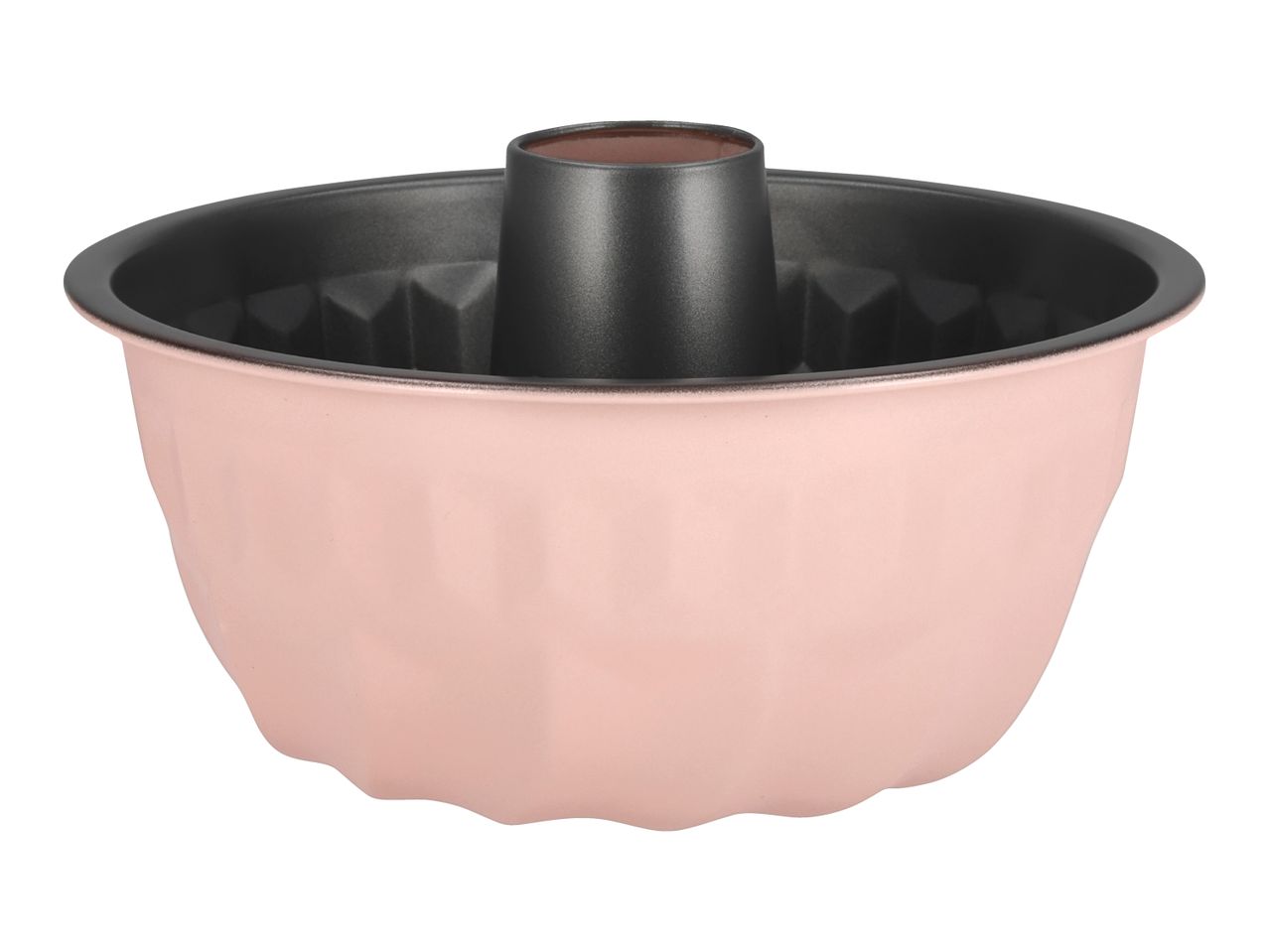 Pink bundt cake pan with a non-stick coating and fluted design.