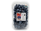 Een doorzichtige plastic bak met 500g blauwe bessen, met een etiket en een Paw Patrol-sticker.