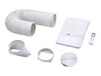 White plastic dryer vent kit with elbow, filter, and various connectors.