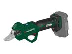 A green and black cordless electric pruning shear with a gray battery pack attached.