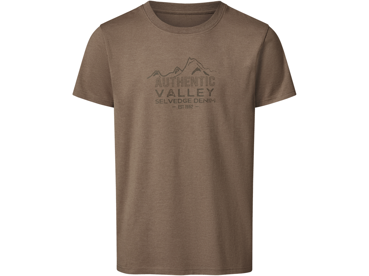 Barna póló hegyi grafikával és „AUTHENTIC VALLEY SELVEDGE DENIM - EST 1952” felirattal.