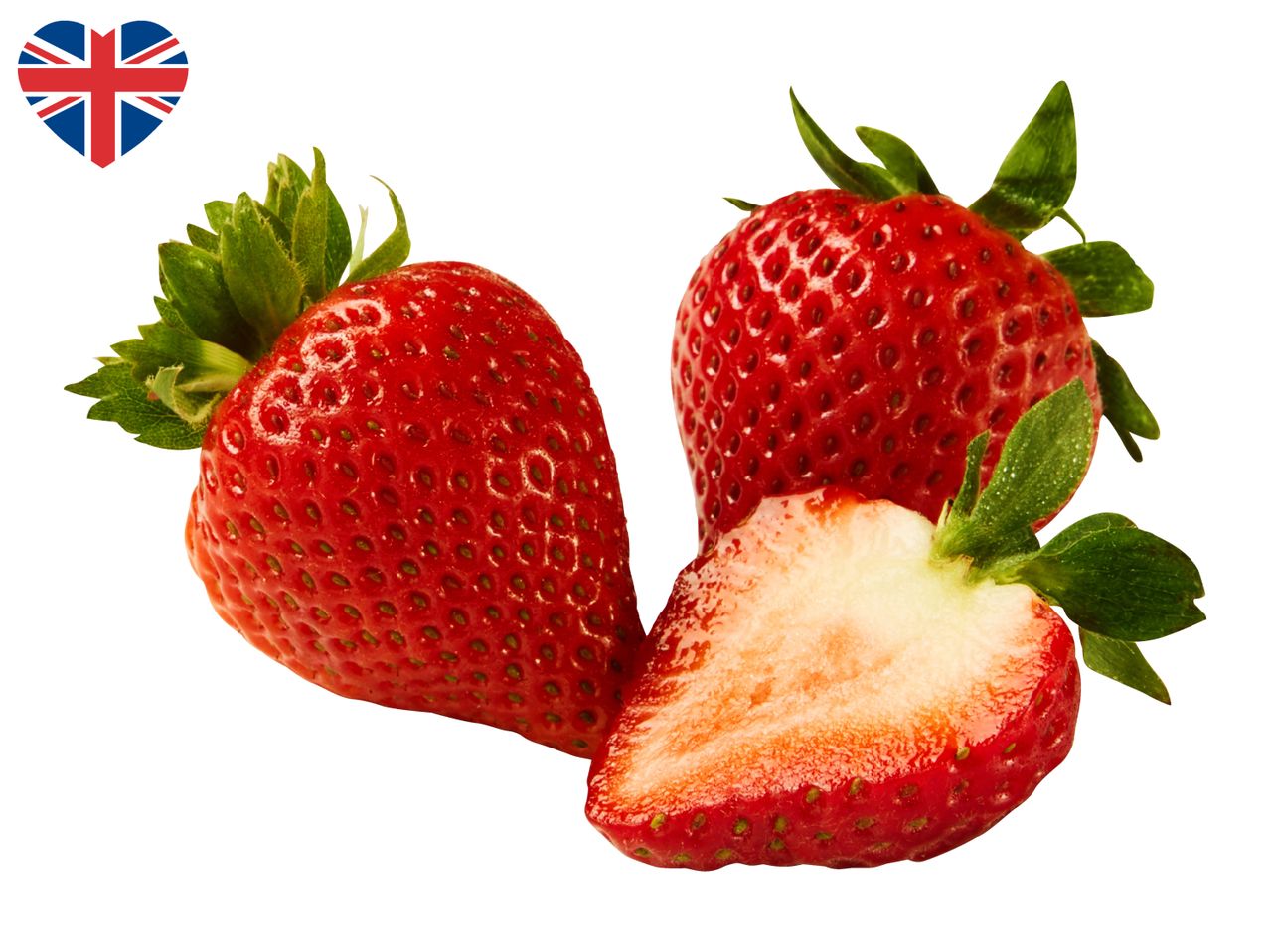Fresh strawberries with a heart-shaped Union Jack flag.