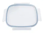 Top-down view of a clear, square food storage container with a blue silicone seal.