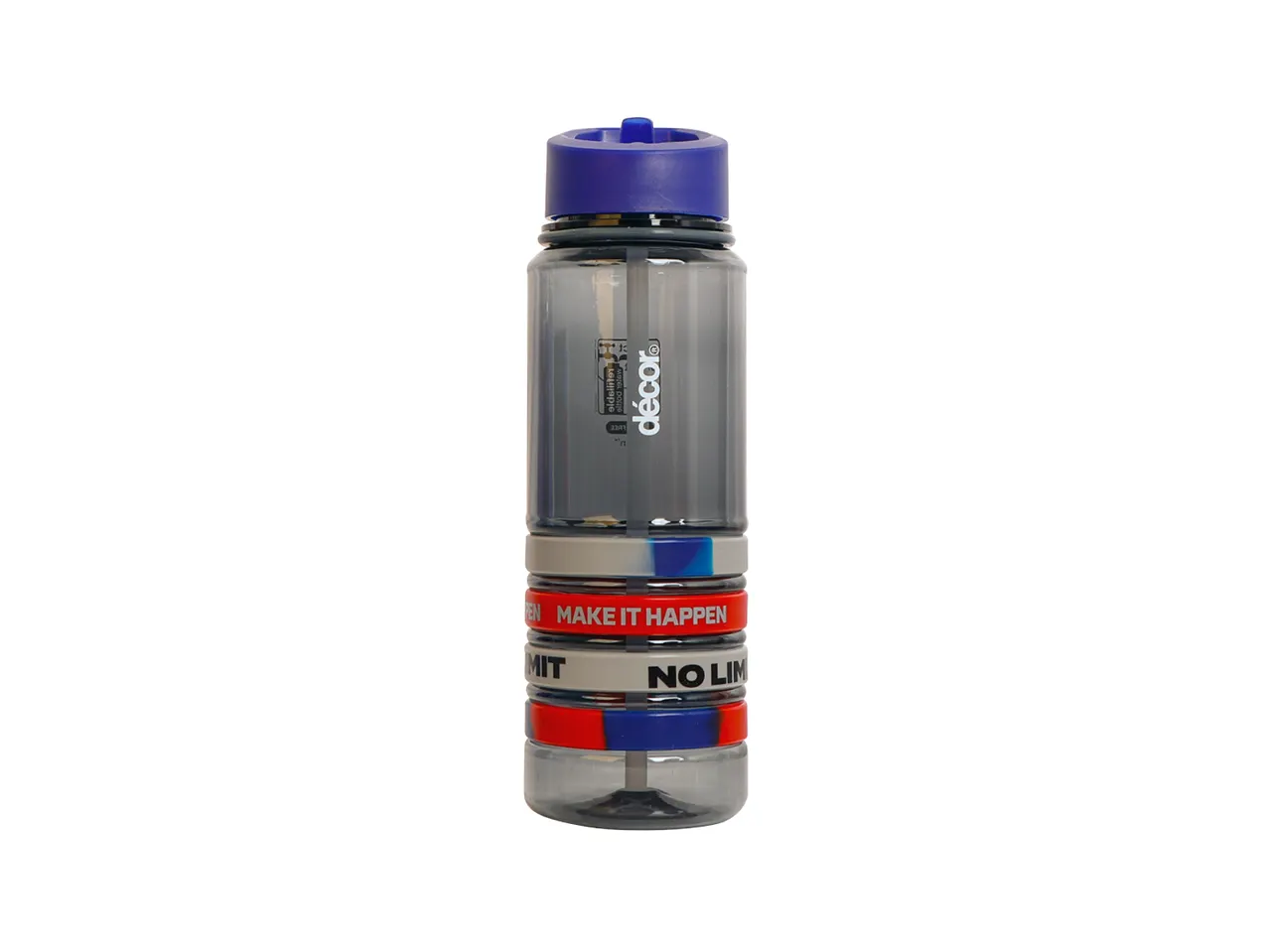 A clear plastic water bottle with a blue lid and patriotic-themed design.