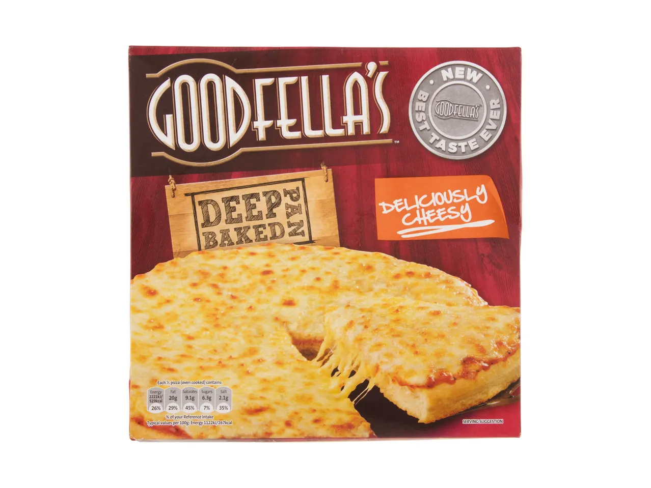 Goodfella's Deep Pan Baked pizza, deliciously cheesy, with nutritional information.