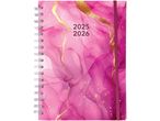 Agenda 2025-2026 con copertina rosa e dettagli dorati, rilegatura a spirale e elastico.