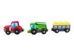 Wooden toy farm vehicles: red tractor, green combine harvester, and blue trailer with hay bales.