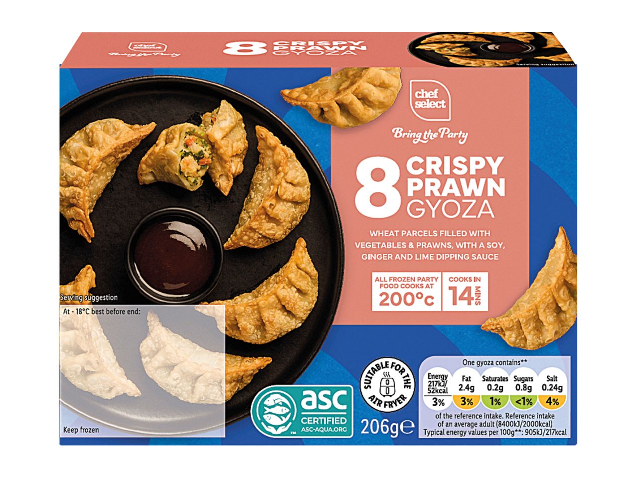 A box of 8 crispy prawn gyoza with dipping sauce, suitable for air frying.