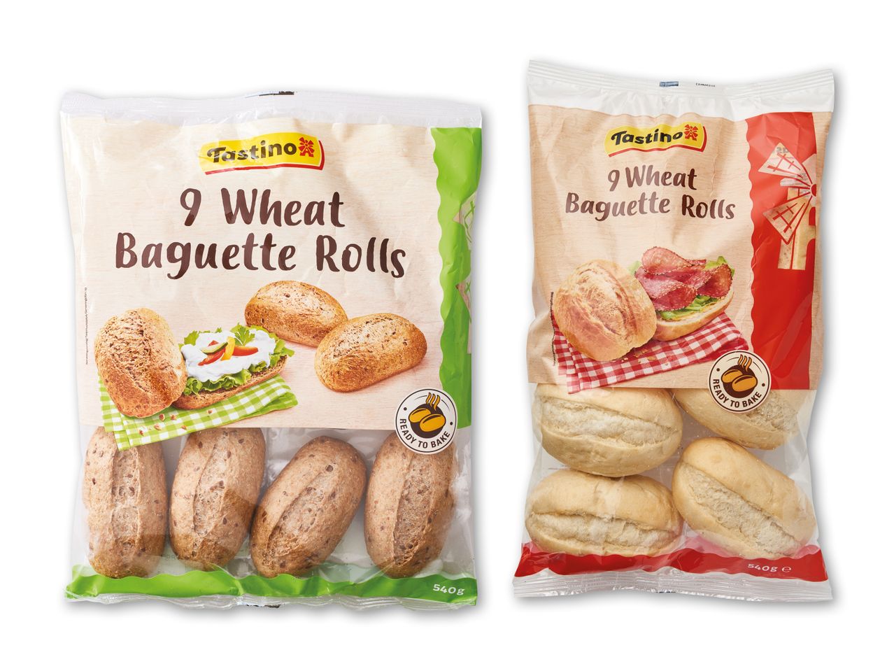 To pakker med 9 hvede baguetteboller, den ene med fuldkornsboller og den anden med lyse boller, begge klar til at bage.