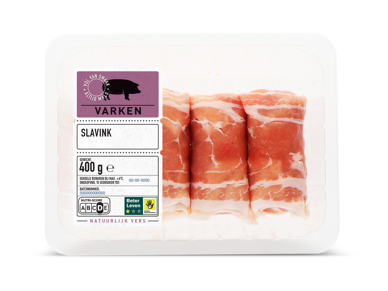 Verpakking met varkensslavinken, met een etiket dat de productinformatie en keurmerken toont.