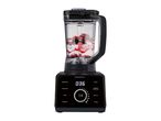 Black blender with a digital display, filled with berries and yogurt