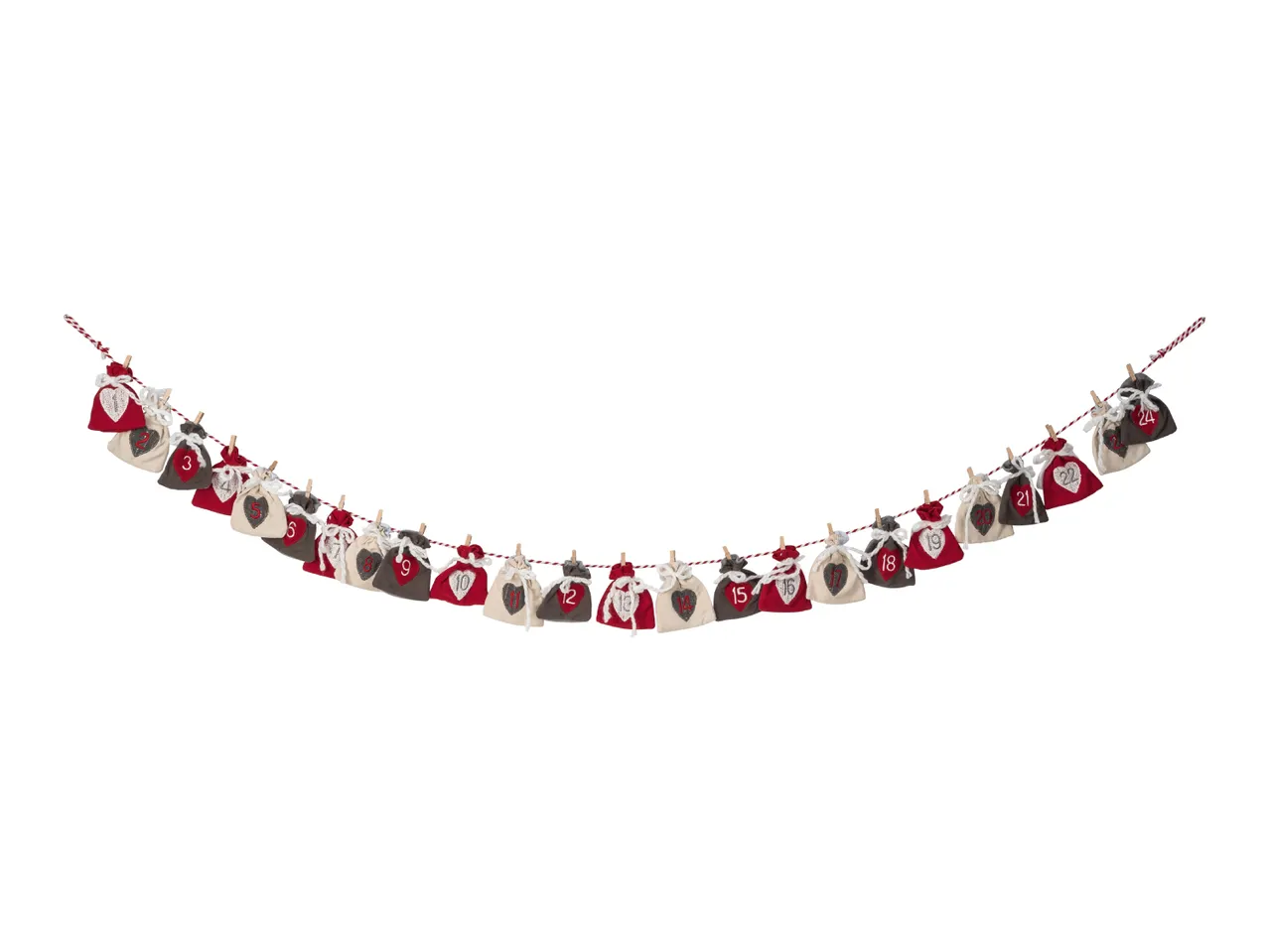Christmas advent calendar with 24 numbered fabric bags on a string