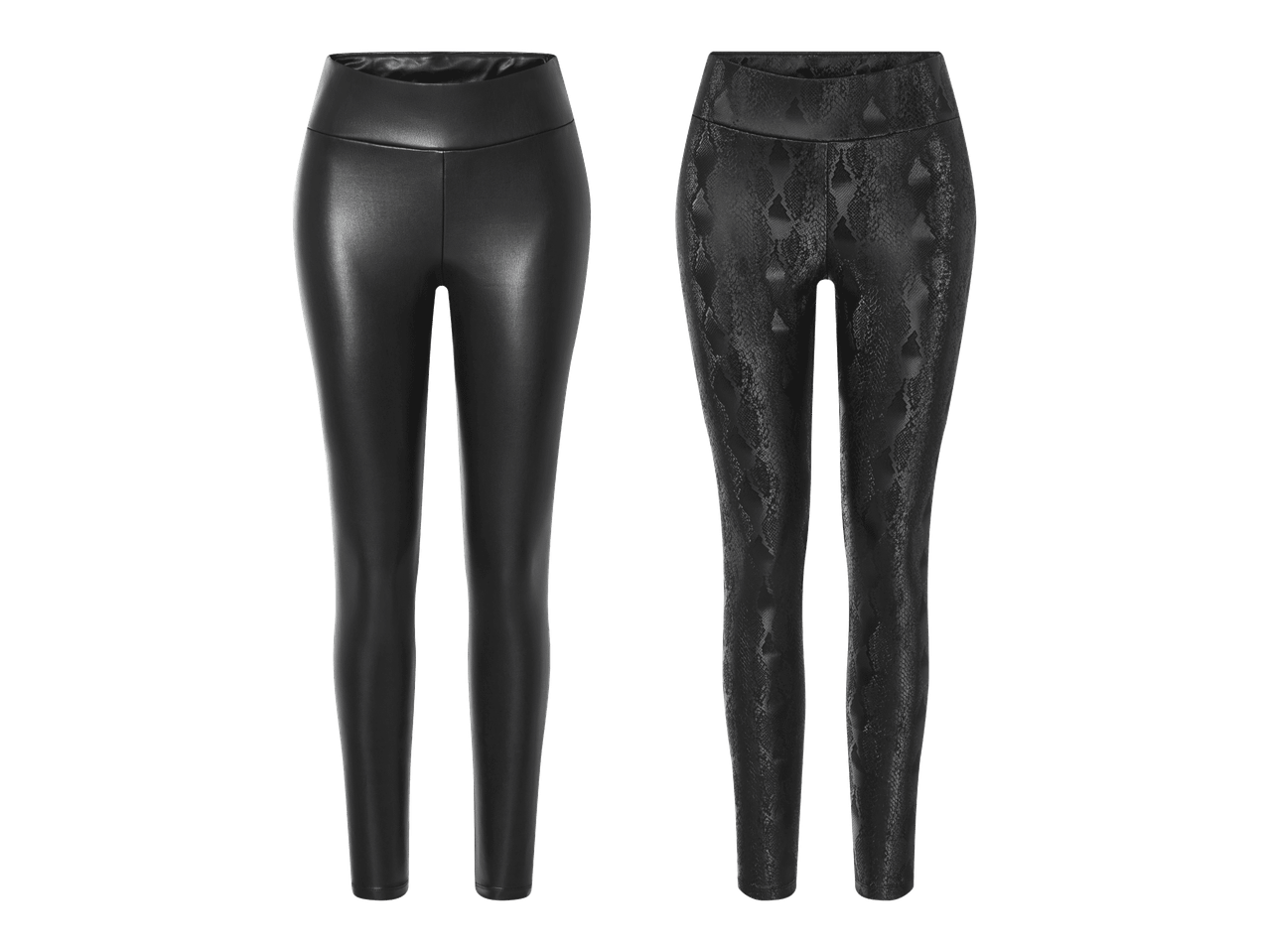 Kaksi mustaa naisten legginssiparia: toiset kiiltävät ja toiset käärmekuvioiset.