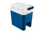 Blue and white electric cool box with a handle and control knob