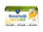 Een 6-pack van alcoholvrij bier met gember-limoensmaak, met een glas bier en verse ingrediënten.