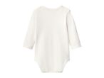 Back view of a plain white long-sleeved baby bodysuit.