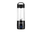 A black portable personal blender with a clear bottle.