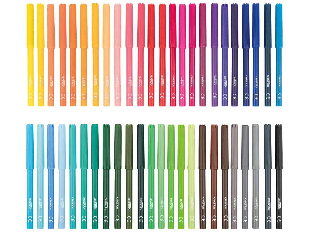 Un assortiment de feutres de couleur arc-en-ciel, disposés en deux rangées sur un fond noir.