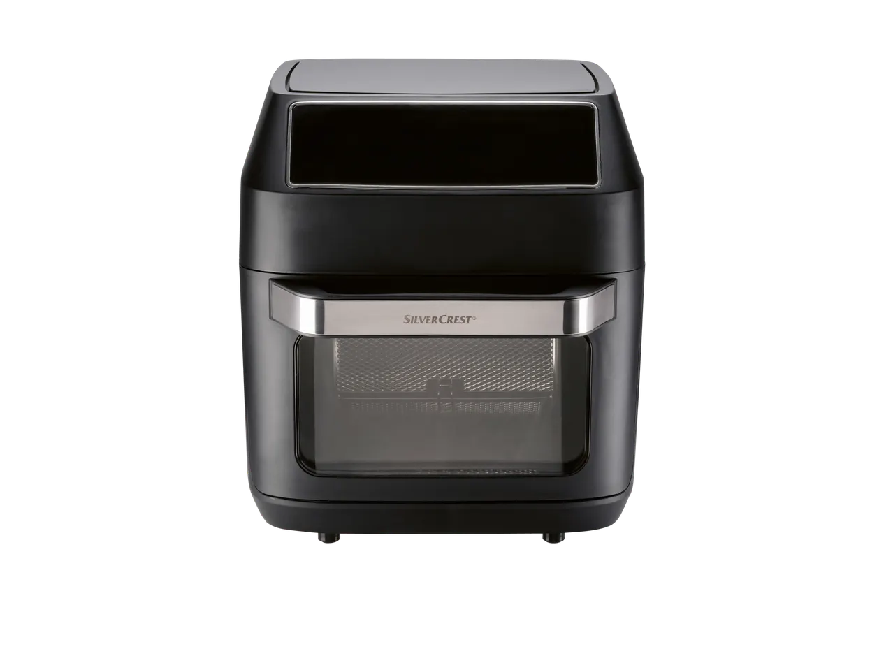 Air fryer SilverCrest: eletrodoméstico preto de cozinha com porta de vidro.