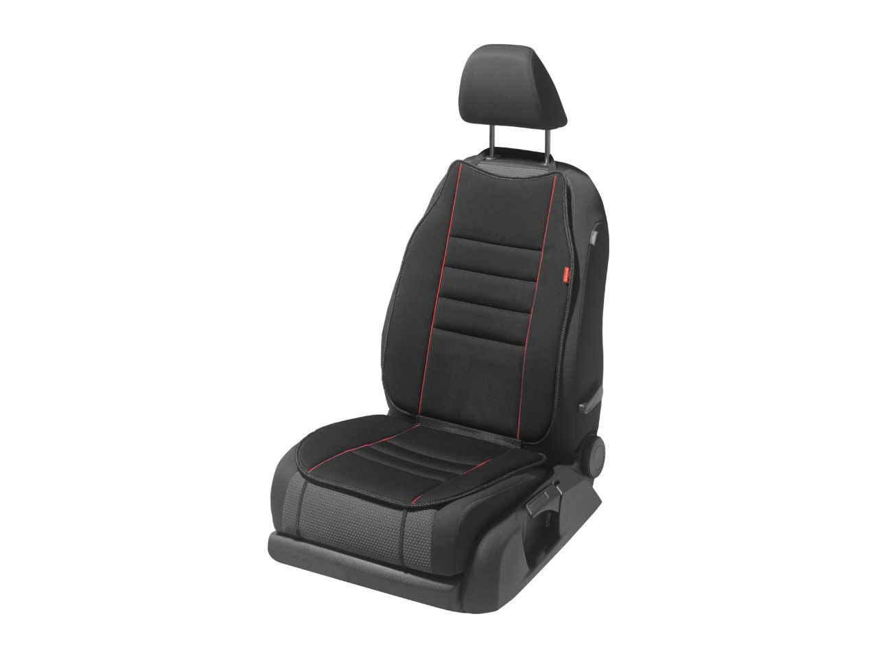 Black car seat cover with red stitching and headrest