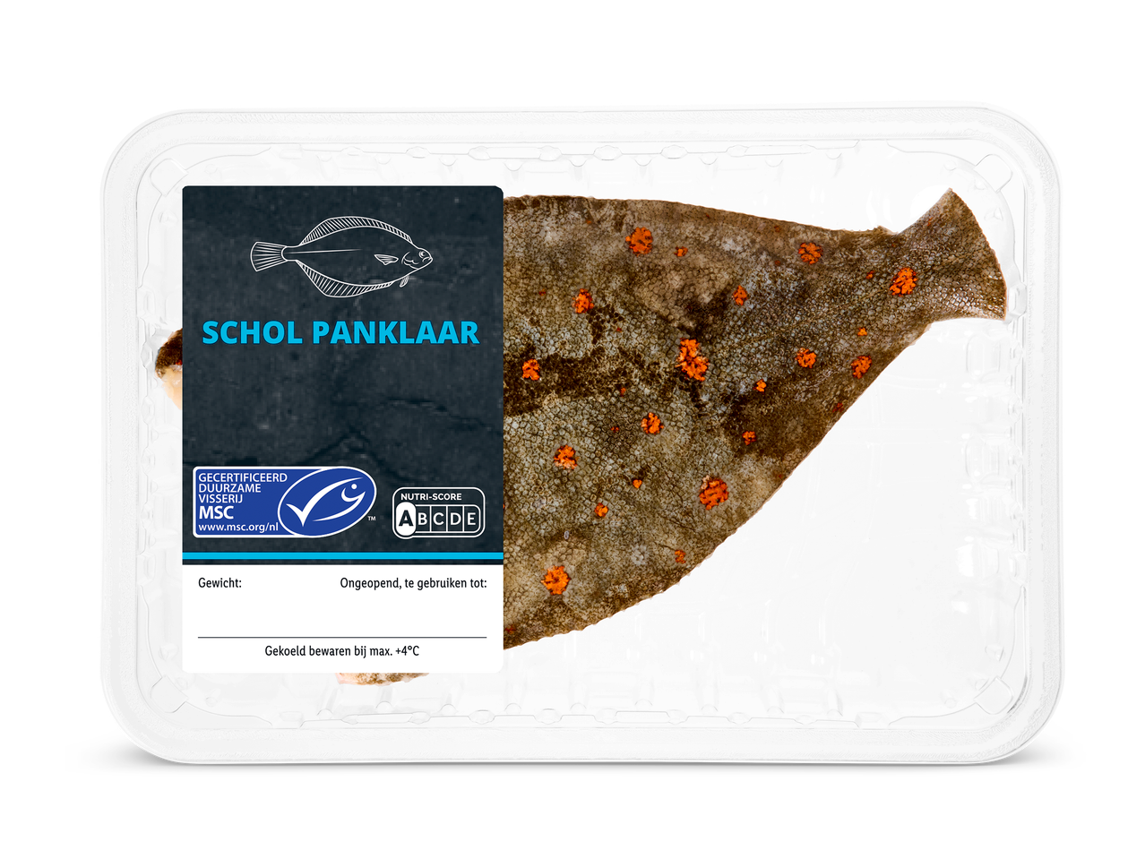 Verpakte scholfilet met oranje vlekken, een MSC-keurmerk en Nutri-Score A.